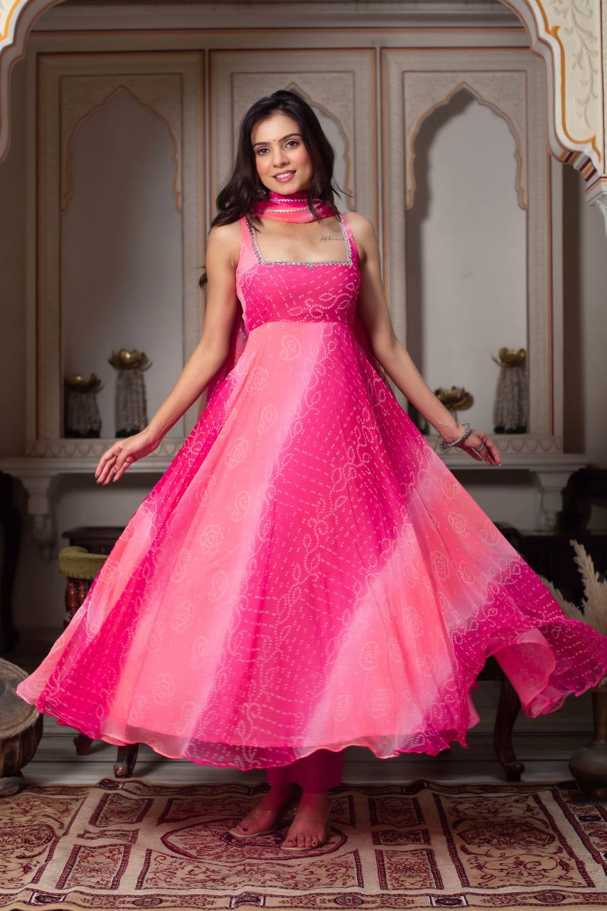 Printed Anarkali Gown with Real Mirror work