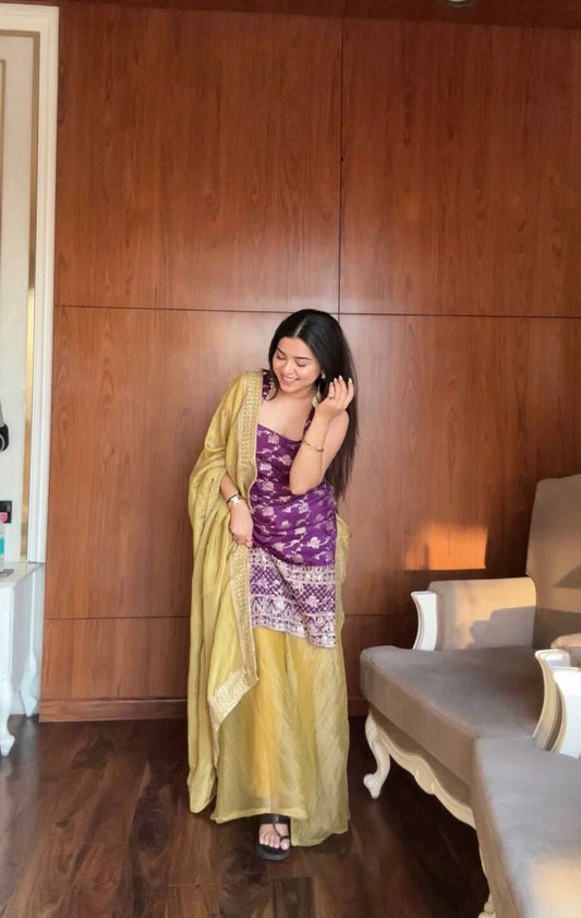 Royal Purple Embroidered Kurti with Mustard Palazzo & Dupatta Set
