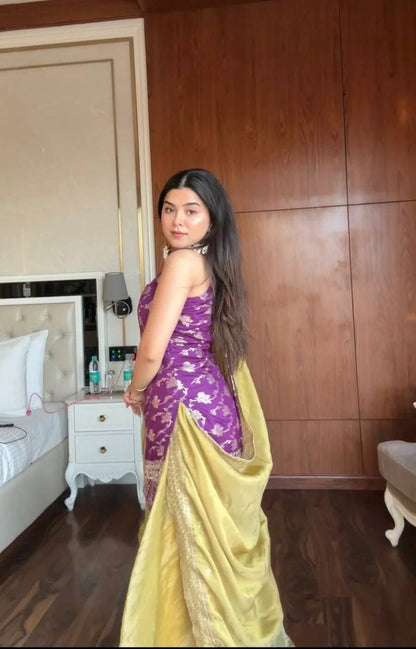 Royal Purple Embroidered Kurti with Mustard Palazzo & Dupatta Set