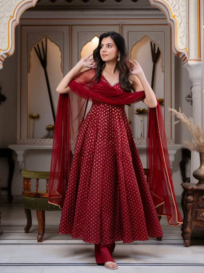Maroon Jacquard Anarkali Suit