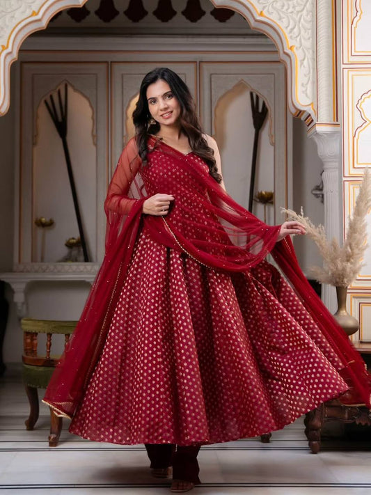 Maroon Jacquard Anarkali Suit