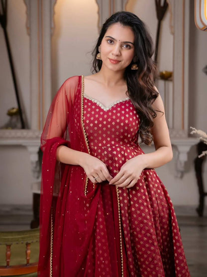 Maroon Jacquard Anarkali Suit