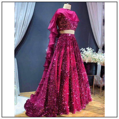 Pink velvet heavy sequence work wedding lehenga choli