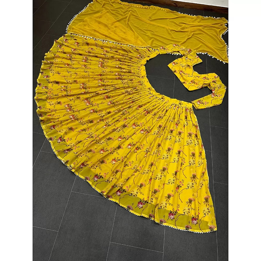 Yellow flower printed georgette lehenga choli for haldi ceremony