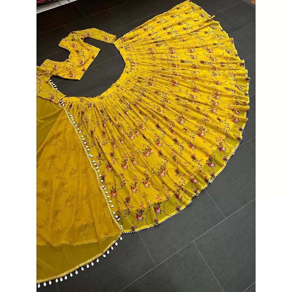 Yellow flower printed georgette lehenga choli for haldi ceremony