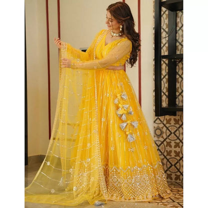 Yellow soft net sequence embroidery work haldi ceremony lehenga choli