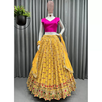 Yellow tapeta silk heavy embroidery work lehenga choli for haldi ceremony