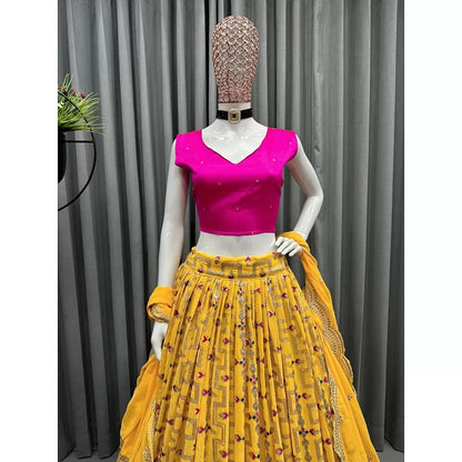 Yellow tapeta silk heavy embroidery work lehenga choli for haldi ceremony