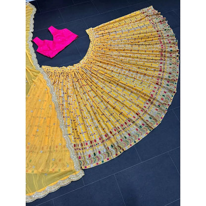 Yellow tapeta silk heavy embroidery work lehenga choli for haldi ceremony