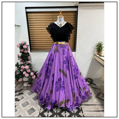 Designer Floral Print Black With Purple Color Lehenga Choli