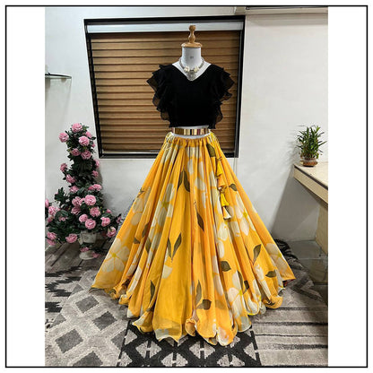 Designer Floral Print Black With Yellow Color Lehenga Choli